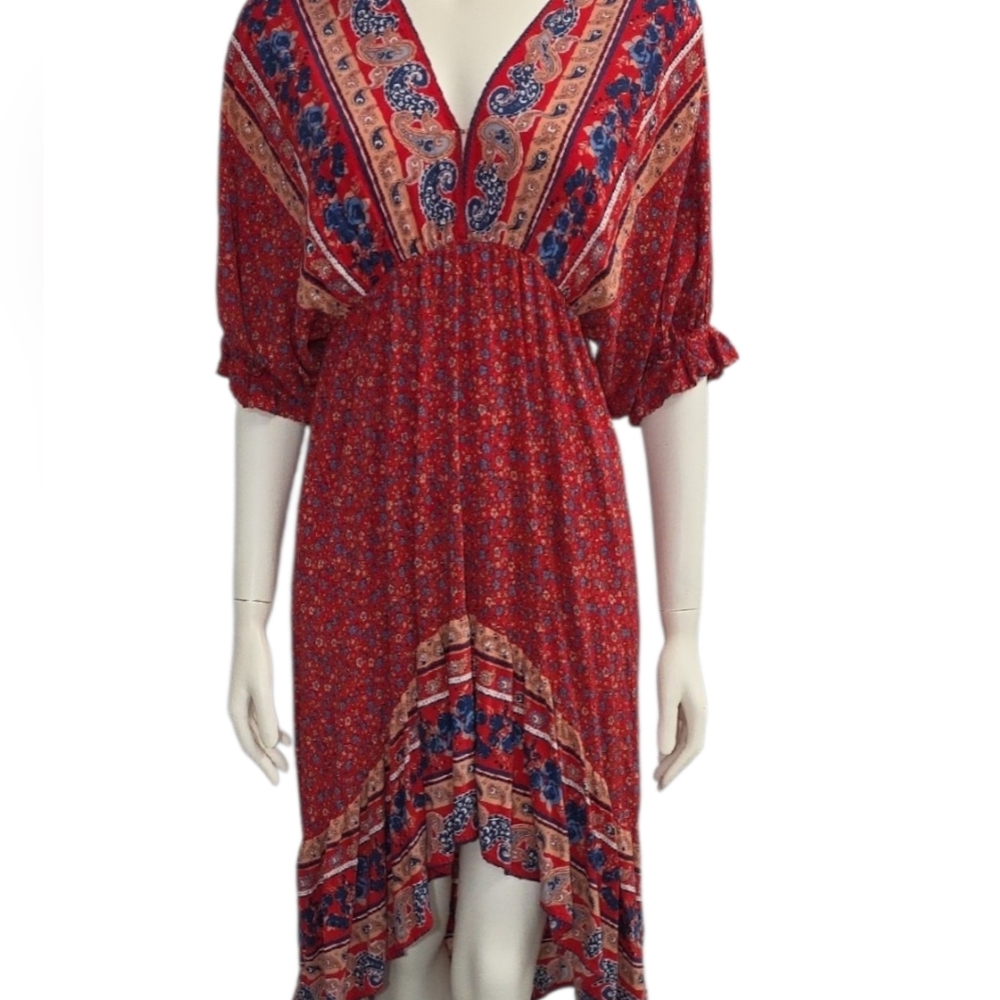 Umgee Red Blue Paisley Floral Peasant Boho High Low V-neck Empire Waist